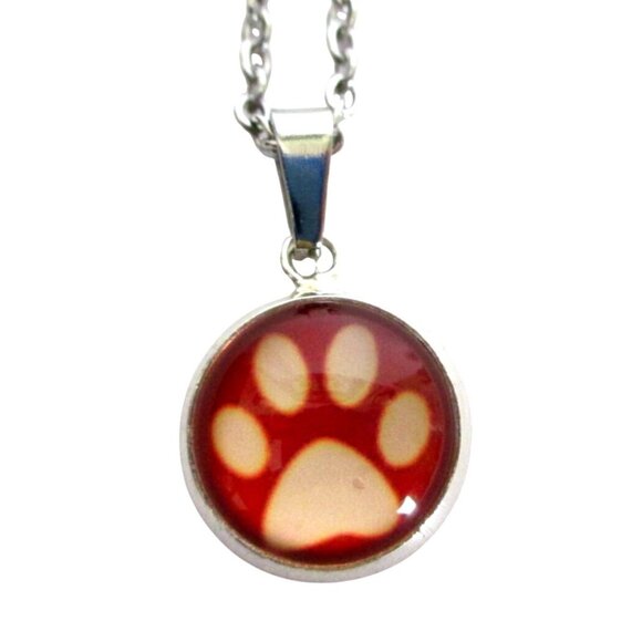 New Red Paw Print Pendant Necklace With 18" Stainless Chain Animal Lover Gift - Picture 4 of 6